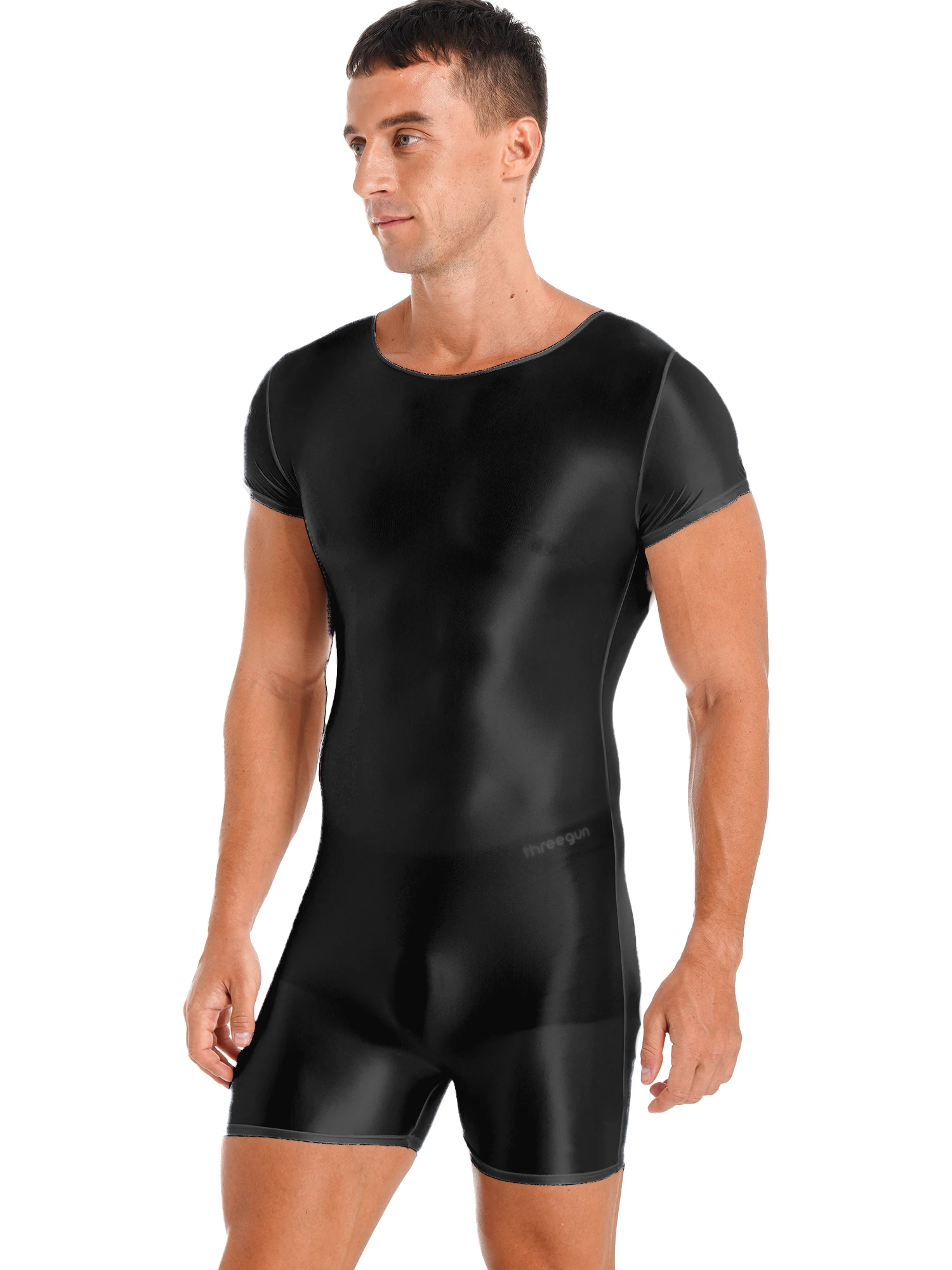 Men\'s Shiny Oil Short Sleeve Bodysuit Jumpsuit Biketard Unitard Running Exercise Gym Workout Bodybuilding Leotard Swimwear