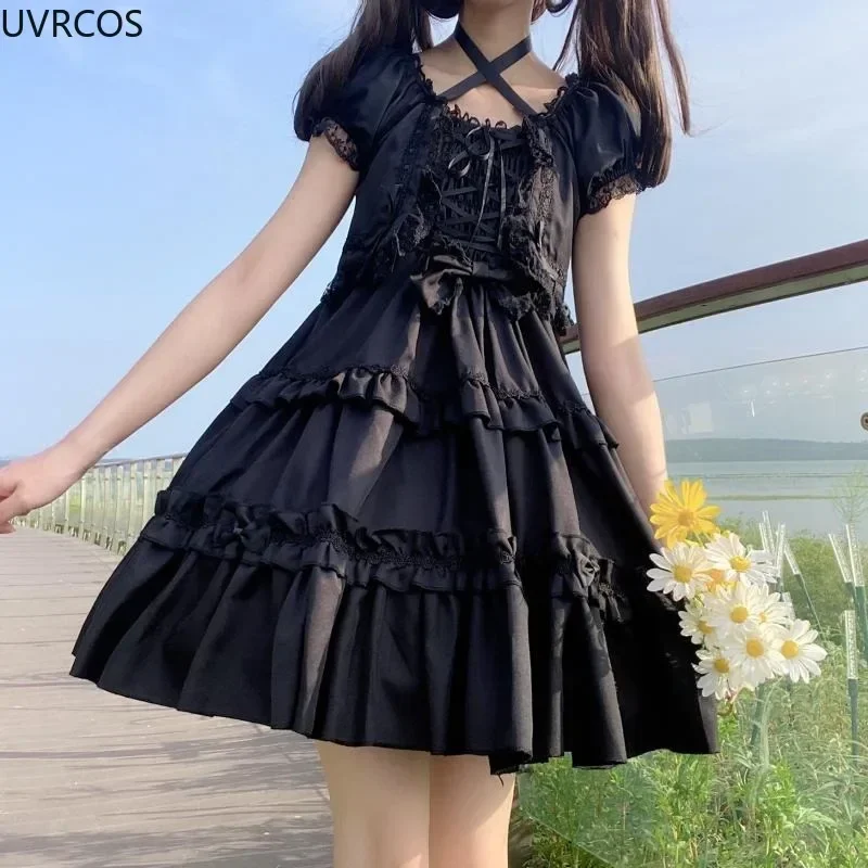 Vestido feminino puff manga curta estilo lolita, doce laço laço babados bandagem mini vestidos, vestidos de festa princesa gótica da menina, kawaii