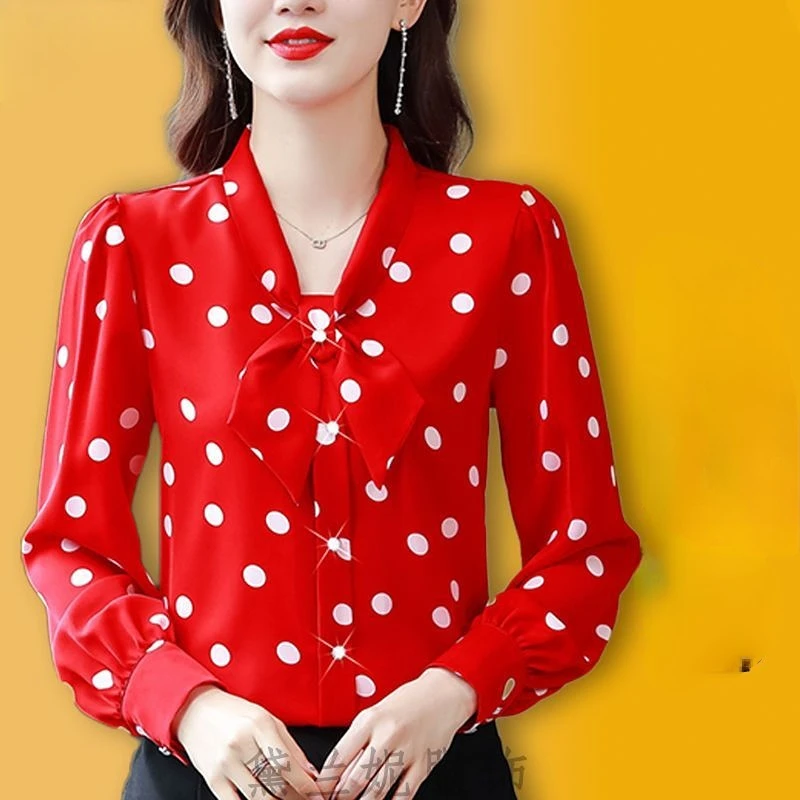 

Autumn Women Clothing Silk Shirt Vintage Blouse Female Dot Print Sheer Top Long Sleeve Shirt Ladies Chffion Overshirt Shirt G67