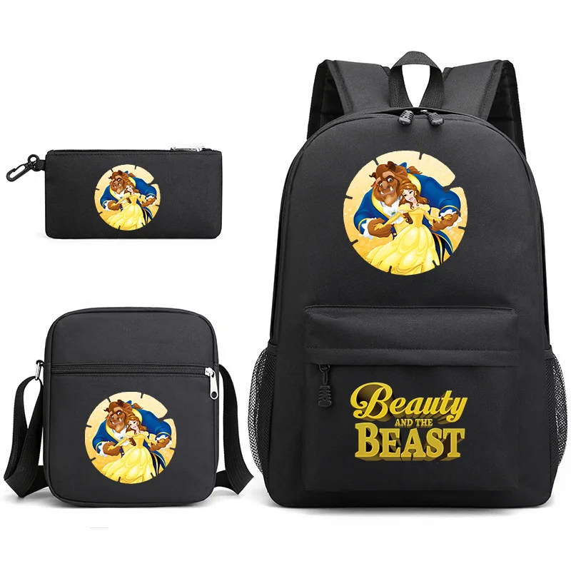 Disney-Mochila De La Bella y La Bestia para estudiantes, morral escolar con estuche para lápices, bolso de hombro para niños y niñas, conjuntos escolares, 3 piezas