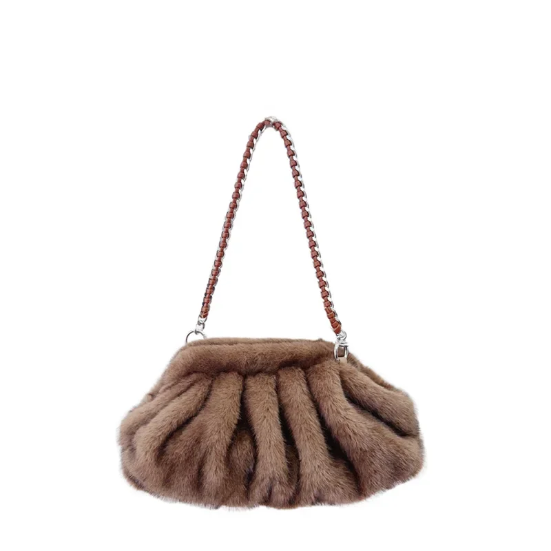 Fashion Faux Mink Fur Ruched Clutch Bag for Women Soft Plush Shoulder Bags Clip Shell Handbags Autumn and Winter Fluffy Bag 2024