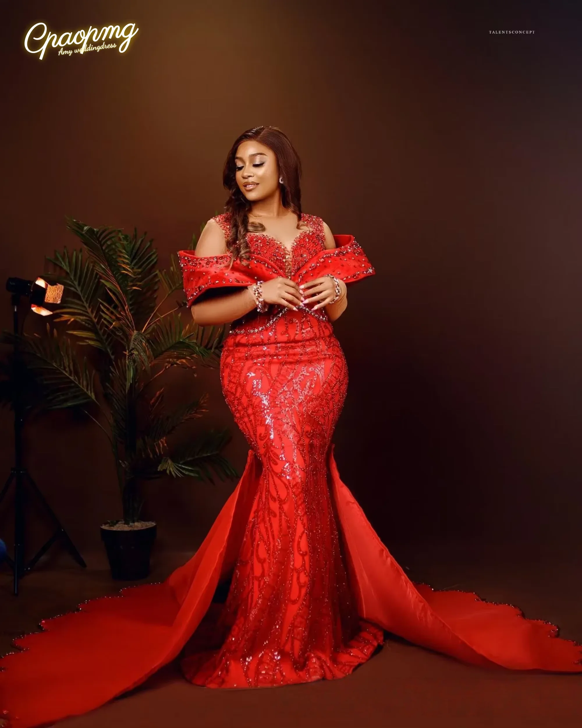 Customized Plus Size Prom Dress With Detachable Train Red Mermaid Evening Dresses For Women Sheer Neck Beaded Lace Formal Dress