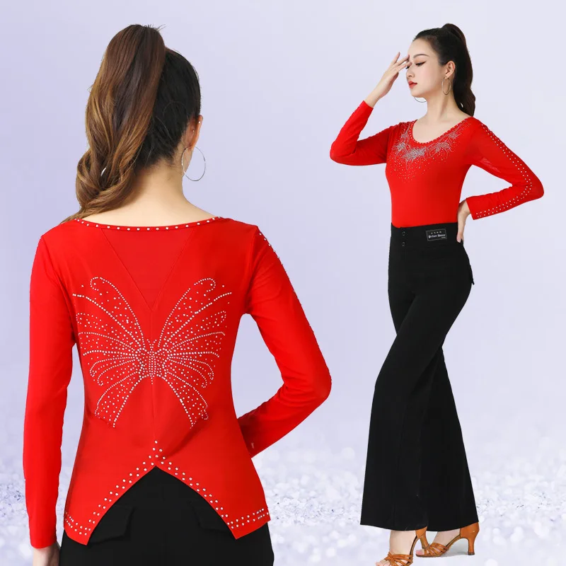 Square dance modern dance black top new women's butterfly studded diamond round neck long sleeved shirt Latin dance costume