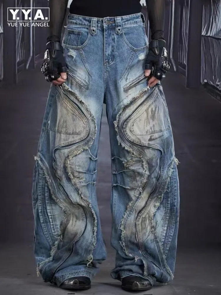 

Streetwear Male Distressed Wide-Leg Pants Fashion Solid Color Mens Button Chain Trousers Versatile Loose Pockets Straight Jeans