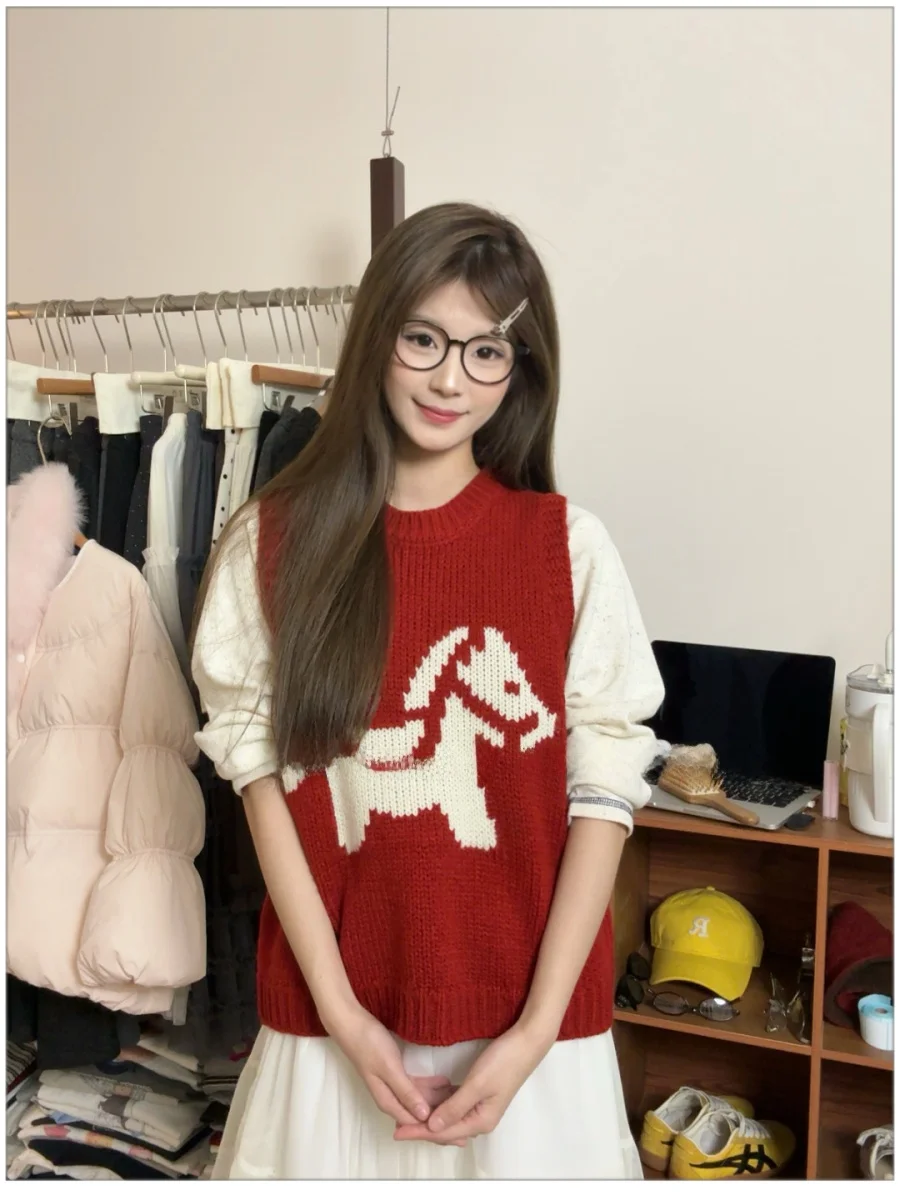 

Корейский вязаный свитер-жилет с круглым вырезом для женщин, модный многослойный топ, зимний утепленный жилет из шерстяной смеси, повседневный свободный крой