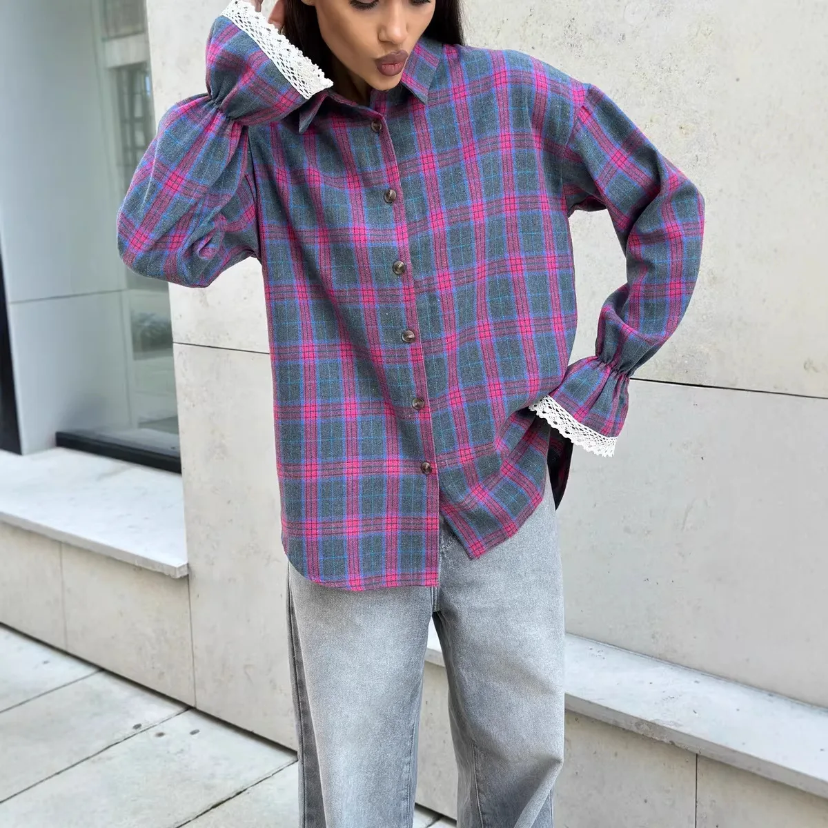 Spring New Loose Long-sleeved Shirt Plaid Retro Style Versatile Loose Shirt Fashion Shirt Women