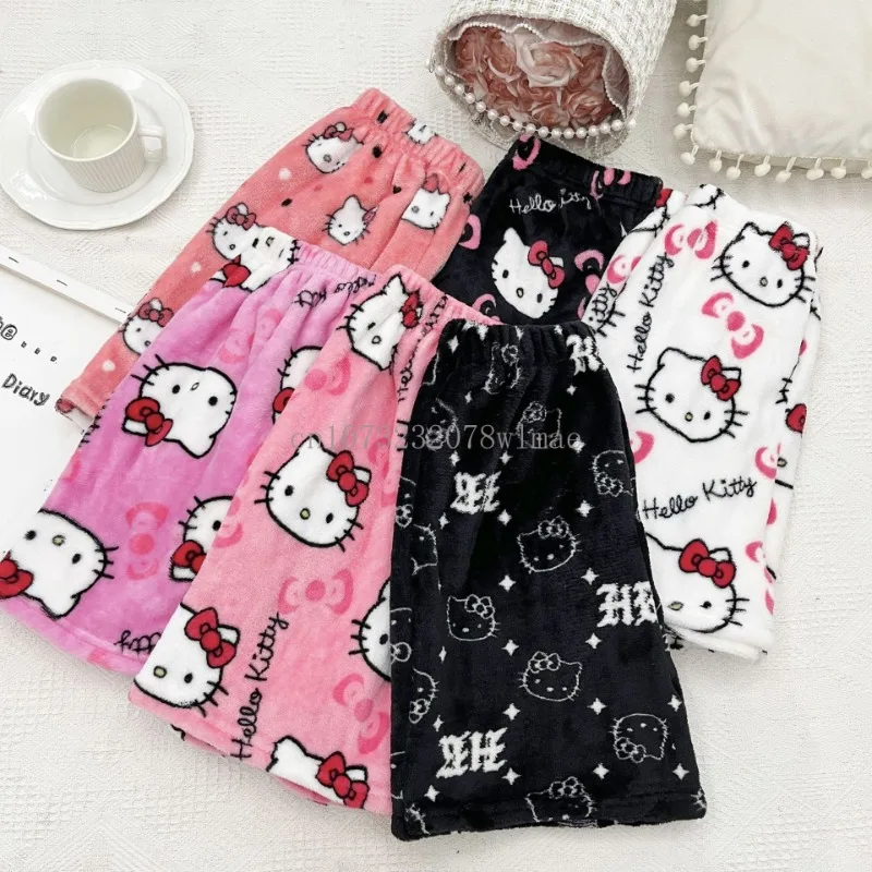 Pijama de franela Y2k para mujer, pantalones cortos de dibujos animados de Hello Kitty, pantalones cortos Kawaii, pantalones cortos de cintura