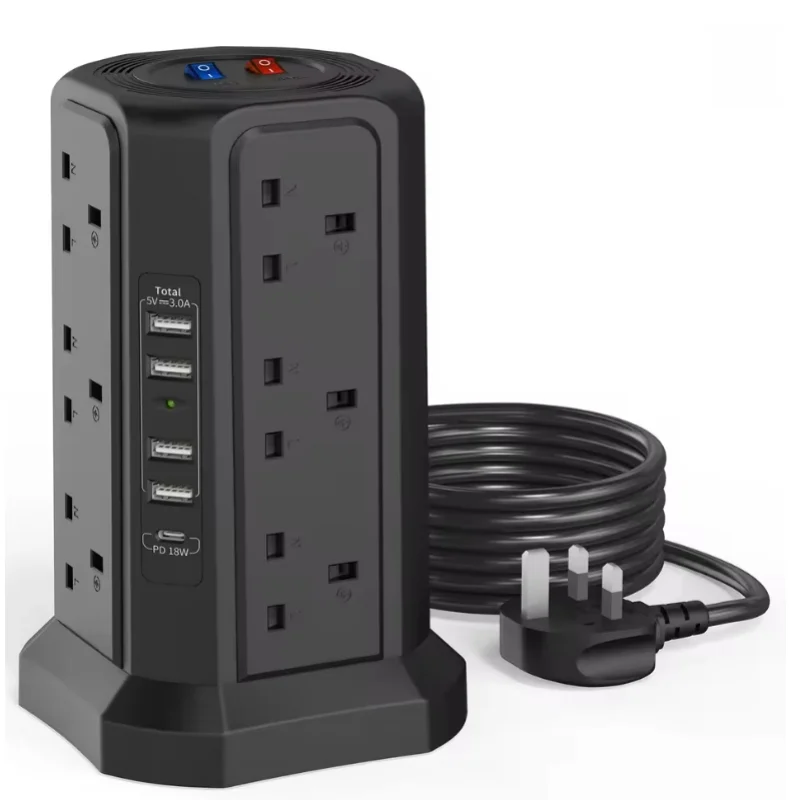 Башенная розетка 17-в-1 с ночником + порт 8/12AC + порт быстрой зарядки USB 18 Вт PD, 5-слойная защита, провод 1,8 метра