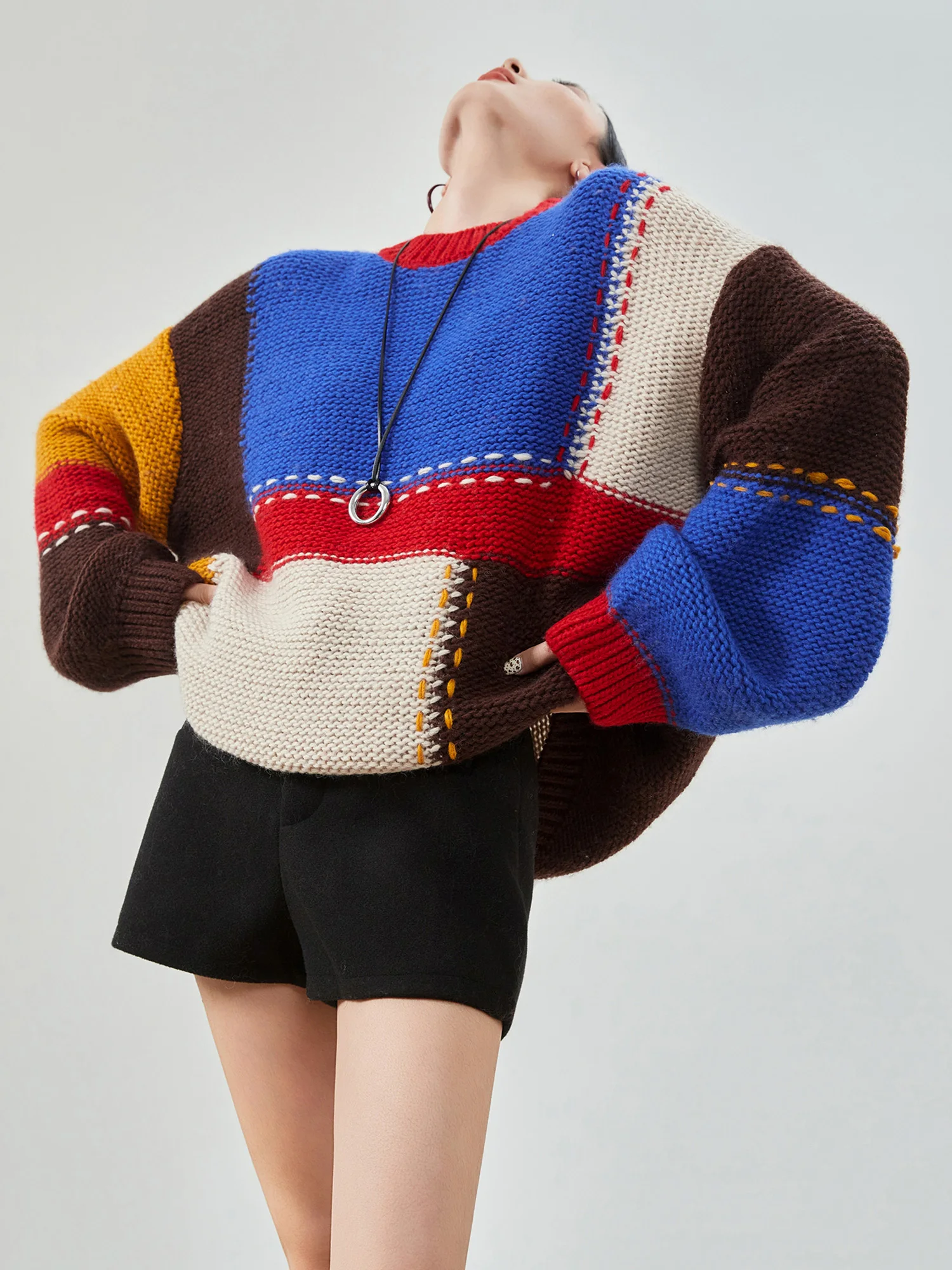 

Ретро-американский вязаный свитер с цветными блоками для женщин, свободный крой, новая весенняя мода, пуловер с длинными рукавами и круглым вырезом