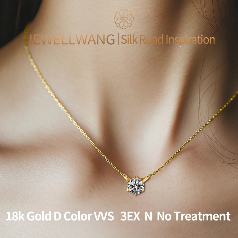 Kalung JEWELLWANG Chase Light Emas Kuning 18K dengan Berlian Laboratorium Bulat Solitaire yang Glamor, Rantai Klavikula, Perhiasan Potongan Premium