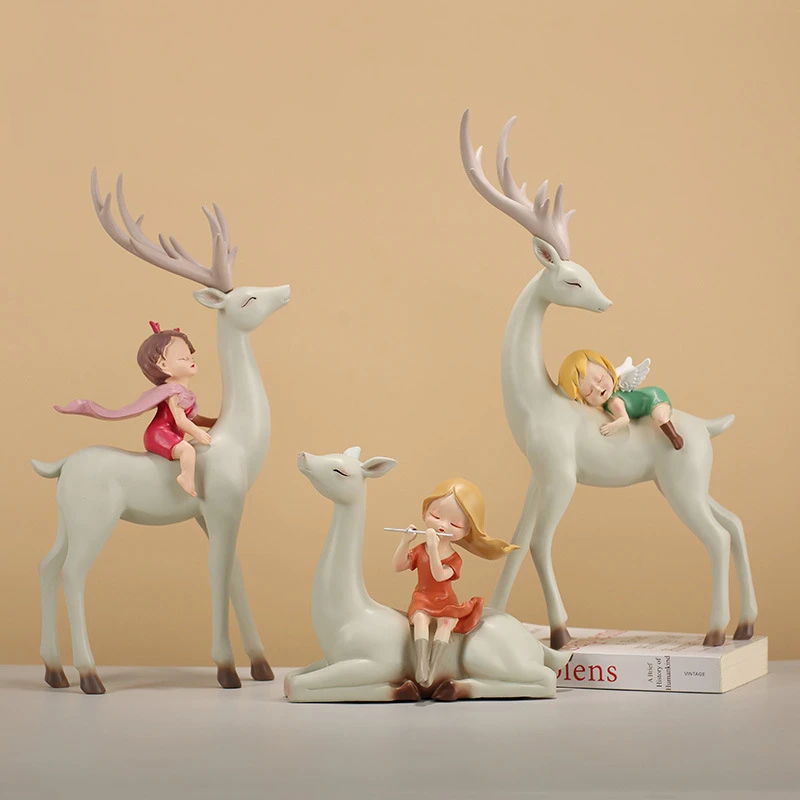 

Resin Crafts Cartoon Girl Deer Artificial Animal Sculpture Children's Room Furnishings Dream Girl with Deer Home Decoration