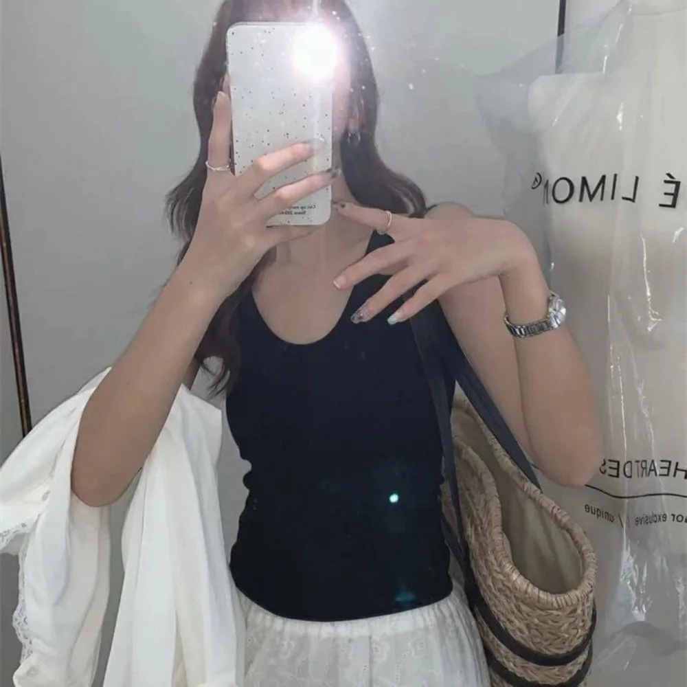 Korean Style with Chest Pad Strap Vest Solid Color U-Neck Backless Sleeveless Top Slimming Crop Top Summer