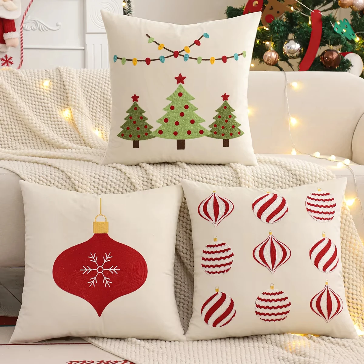 Christmas 2D Flat Pillow Cover - Tree & Bell Design, Winter Farmhouse Style for Home Sofa & Living Room Decor