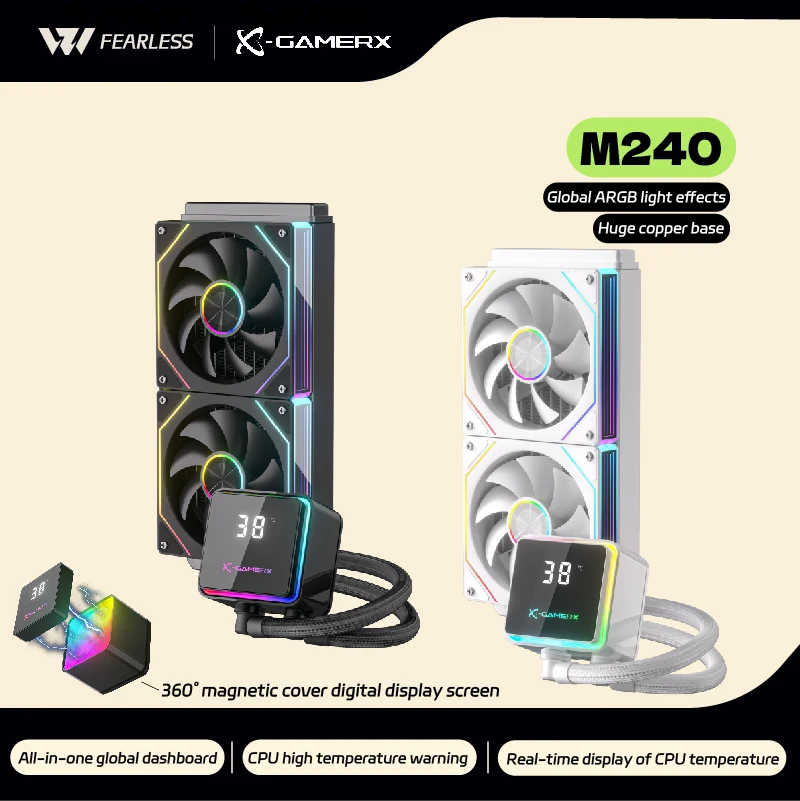 

X-GAMERX PowerTrain M240 water cooler 240mm Global ARGB light effects 360° magnetic cover digital display screen aio cpu cooler