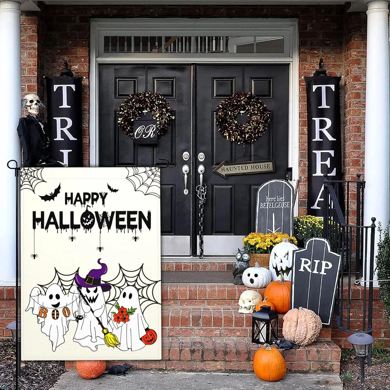 هالوين شبح حديقة العلم مخيف هالوين بو حديقة أعلام للخارج 12x18 مزدوجة الوجهين سعيد اليقطين حديقة العلم في الهواء الطلق HZZ