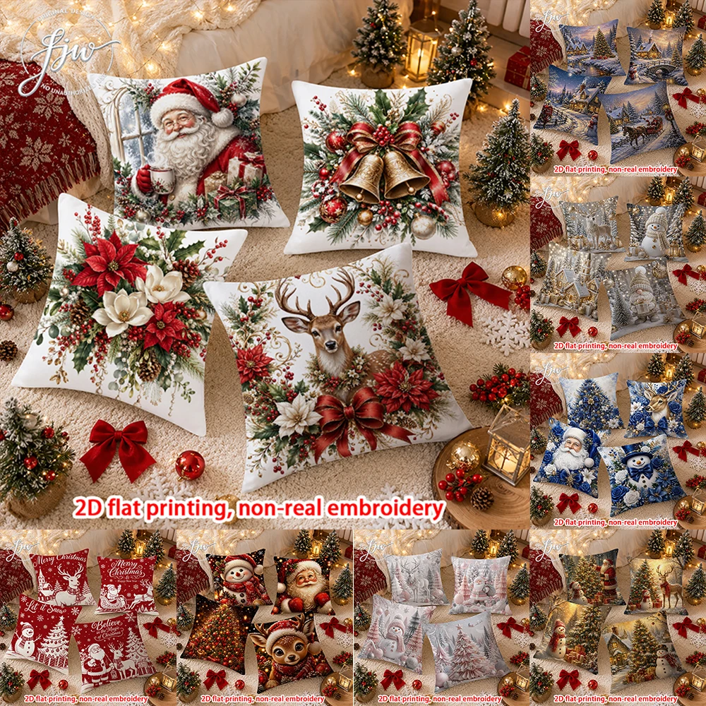 4pcs Christmas Throw Pillow Covers Festive Xmas Santa Reindeer Snowman Decorative Cushion Cases for Holiday Home Sofa Bed Decor