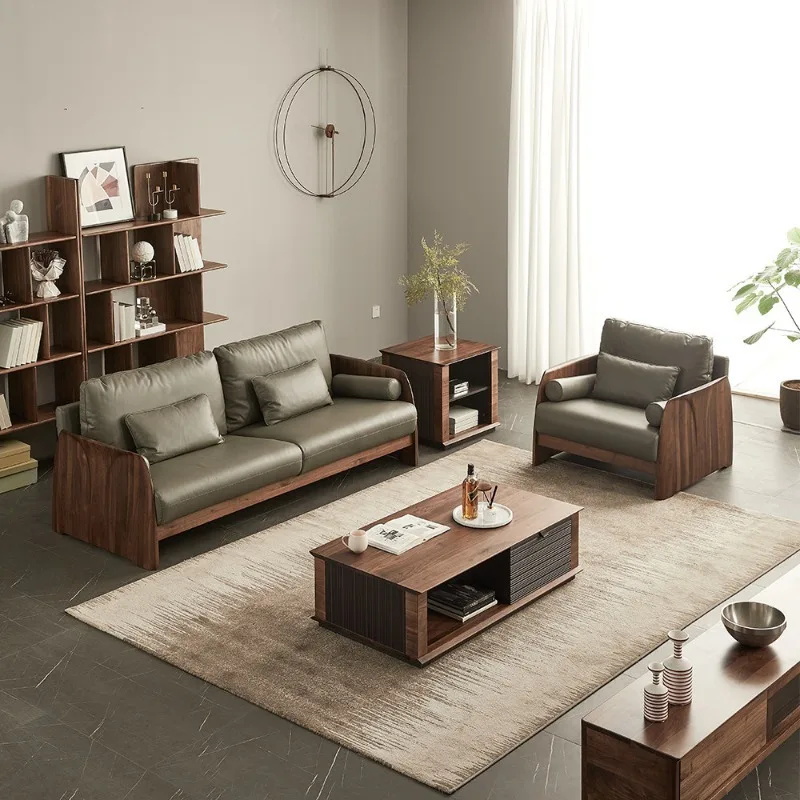 North American black walnut solid wood sofa, small apartment living room top leather sofa, Italian simple three-person sofa