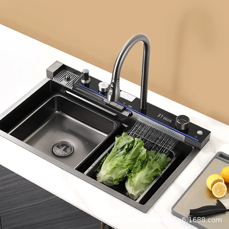 V002 Gun Gray Nano SUS304 Kitchen Sink Workstation Set, Honeycomb Anti-Scratch Handmade Single Bowl with Pull Out Faucet