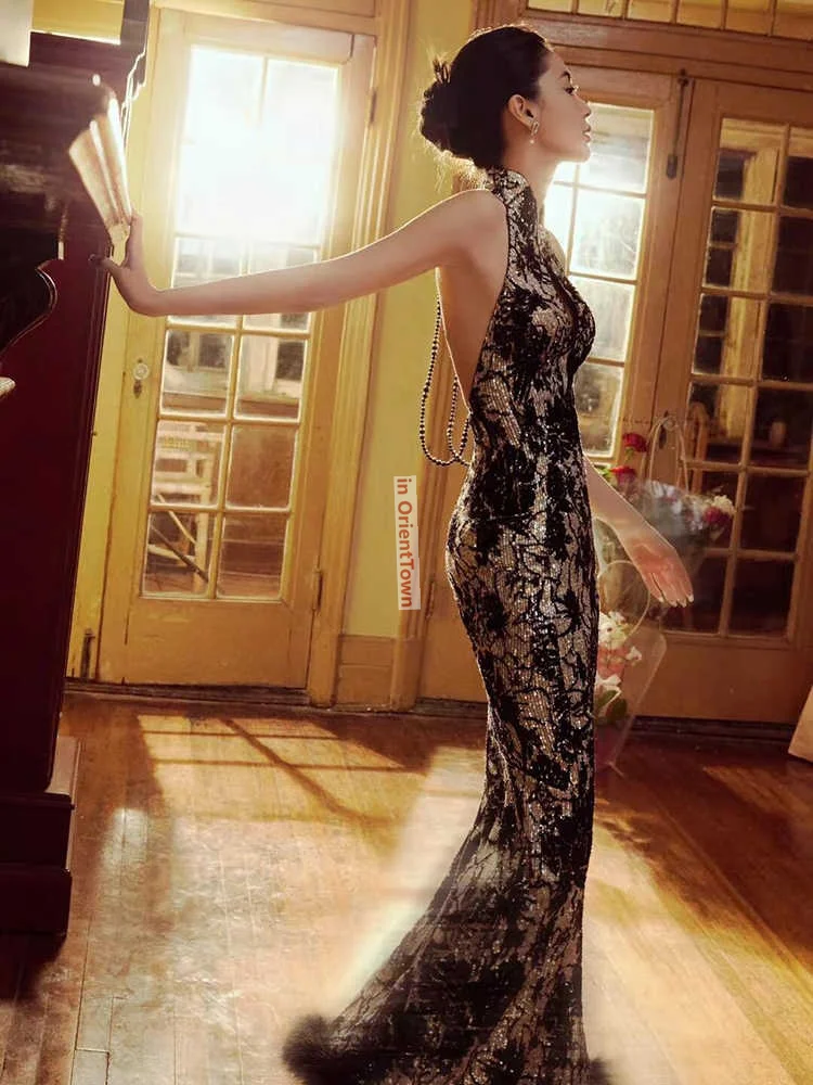 향상된 치파오 저녁 복장 중국 스타일 매달려 목 아침 가운 신부의 물고기 꼬리 복고풍 올드 상하이 블랙 드레스 TP062