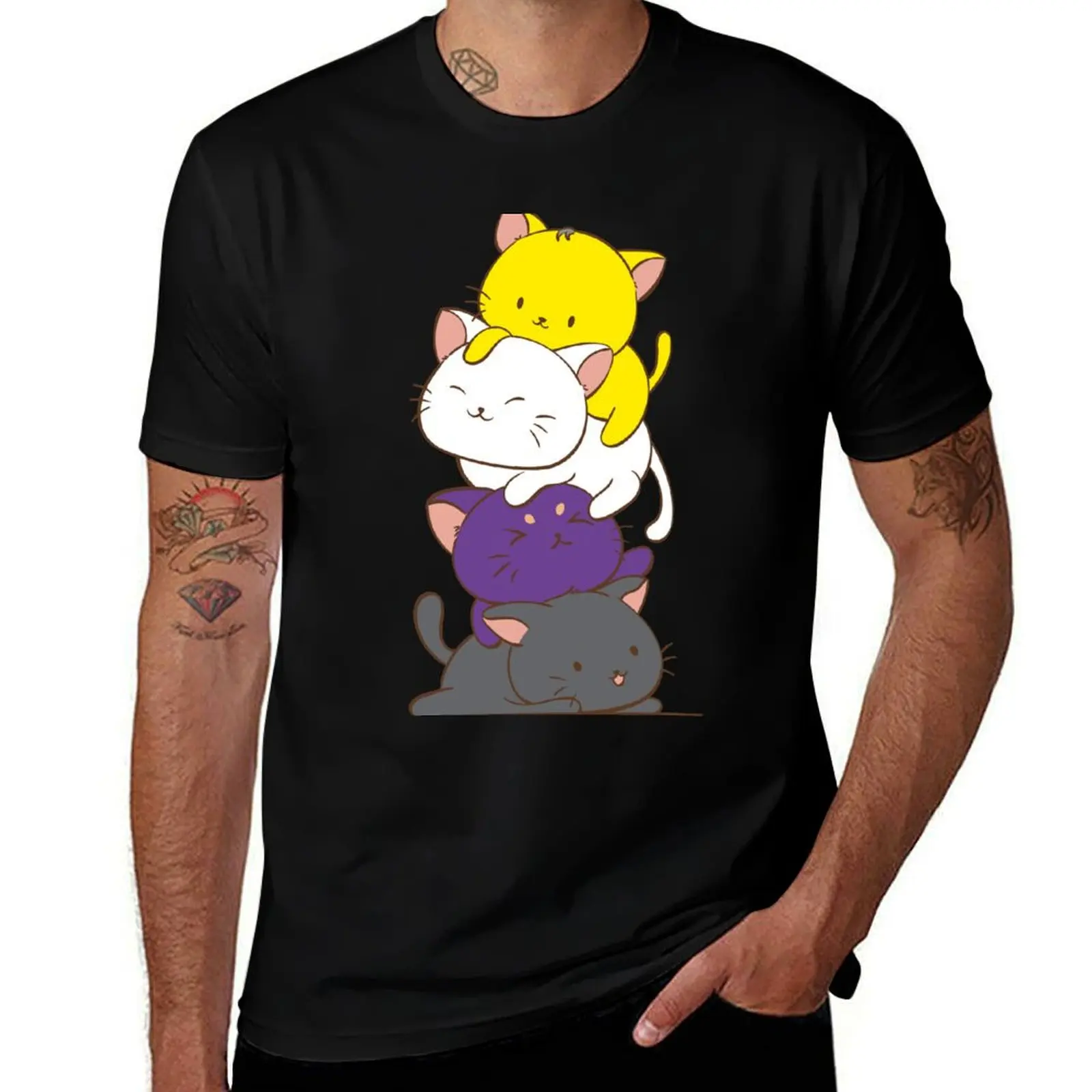 Nonbinary Pride Flag Kawaii Cats Cute LGBTQ Non-binary Kitty for Enby T-Shirt Big Size Crew Neck T-Shirt