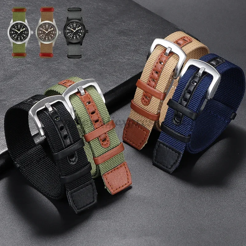 20mm 22mm Canvas Nylon Patch Leather Strap for Rolex Watch for Hamilton Khaki Field Bracelet Smart Watch Replacement Wristband