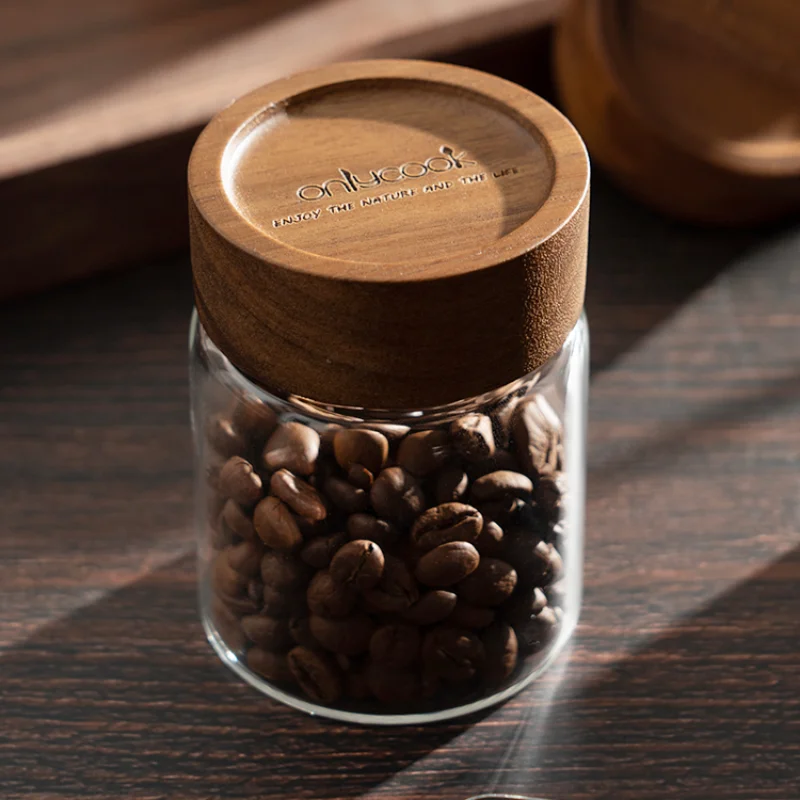 Coffee Powder Sealed Jar Transparent Glass Tea Cans Candy Food Storage Jar Wooden Lid Grain Storage Container Kitchen Utensils