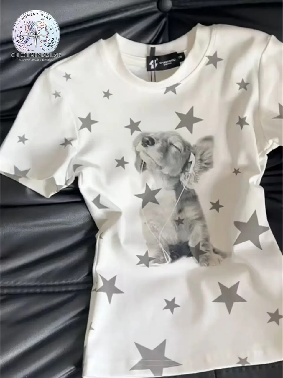 Y2K Baby Tee Top Gothic Star Graphic T Shirt Women Cute Dog Puppy Music Earphone Print Short Sleeve Slim Fit Harajuku Casual