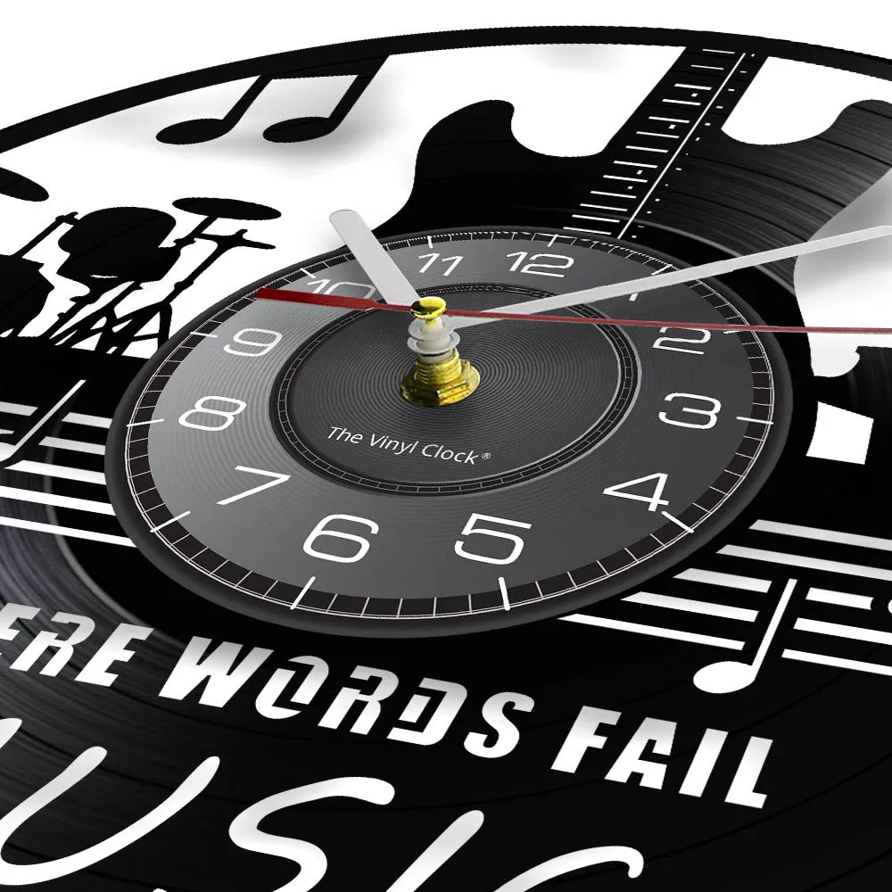 Where Words Fail Music Speaks Musical Quote Wall Art Vinyl Record Wall Clock Guitar Decorative LP Clock Rock n Roll Music Gift