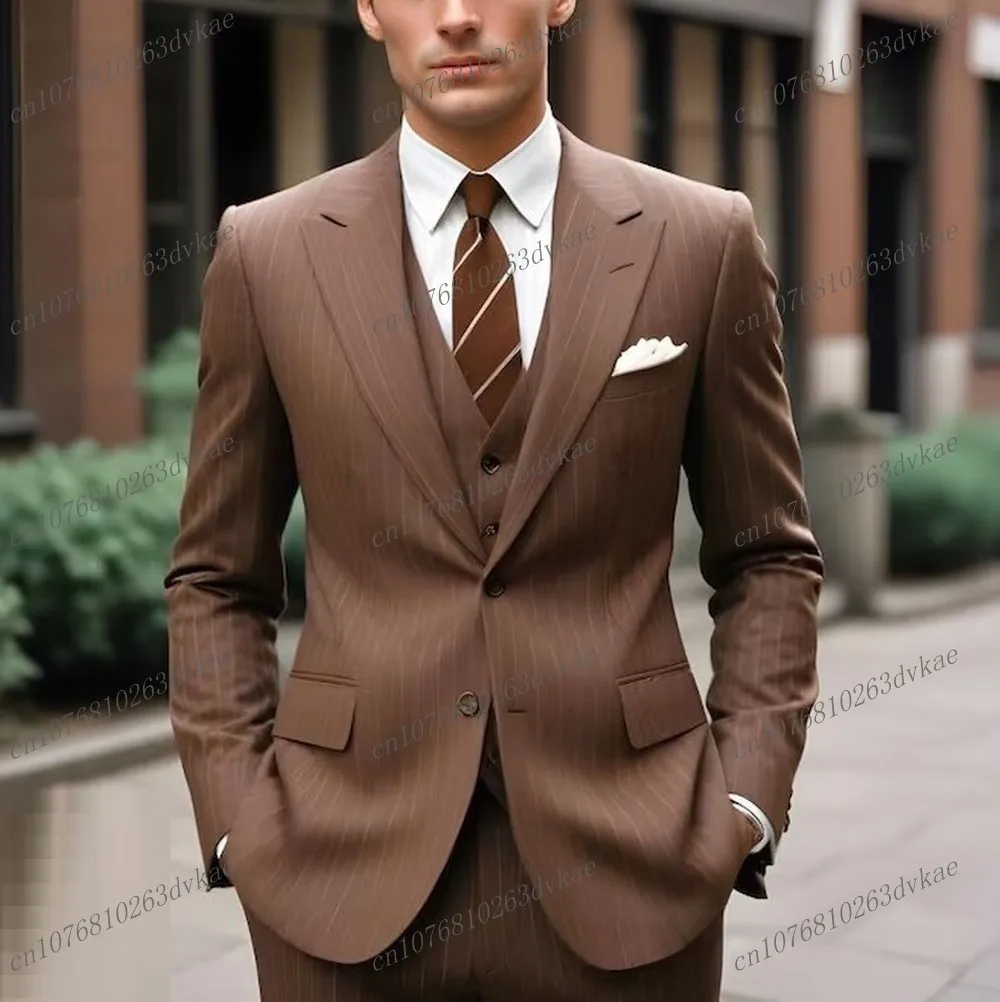 New Elastic Stripe Brown Men Business Suit Groom Groomsman Wedding Party Formal Prom Male Tuxedos 2 Piece Set Blazer Vest Pants