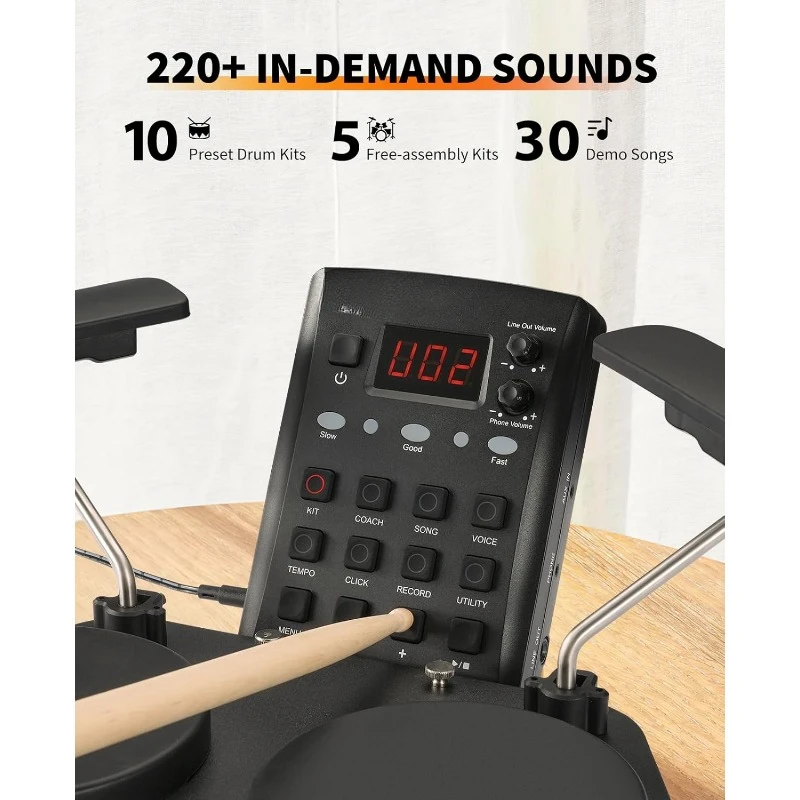 Electronic Drum Set, Portable Electric Drum Set for Beginner with Quiet Mesh Snare Drum Pads, 220+ Sounds, USB MIDI