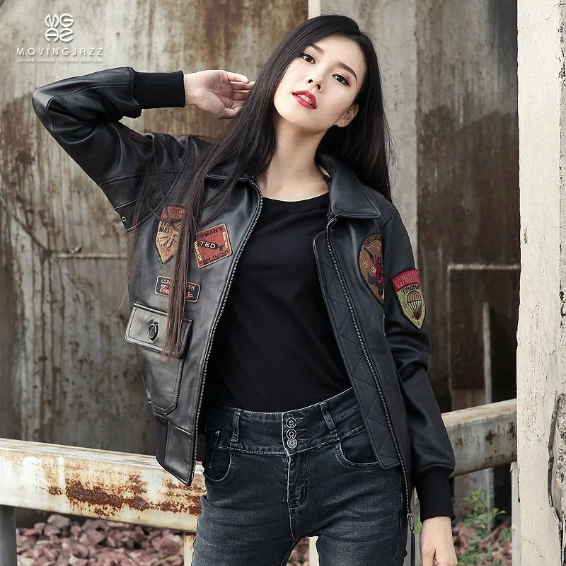 2024 New Women Air Force G1 Pilot Leather Jacket Fashion Embroidered Paratrooper Sheepskin Wool Fur Collar Winter Coats