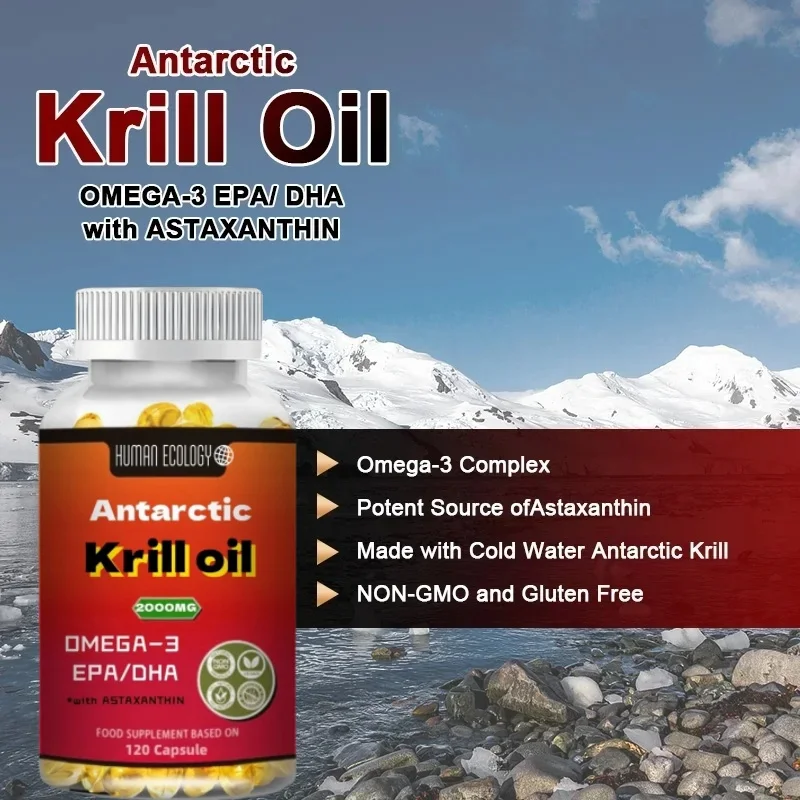 Antartika Krill Oil Omega 3 Softgels 2000mg, dengan fosfolipids, Choline & astraxanthin diperoleh secara berkelanjutan, non-gmo diverifikasi