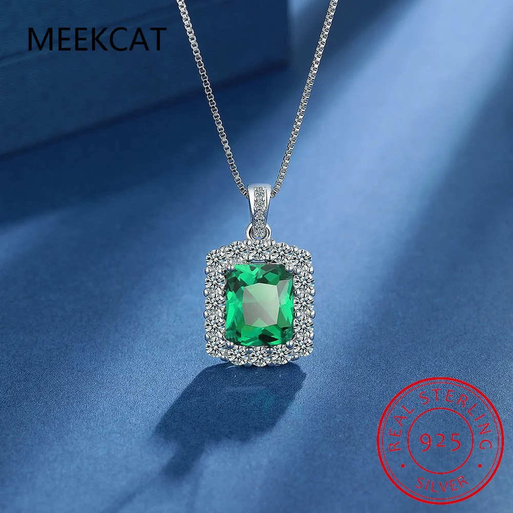 3ct Emerald Cut Green Simulated Nano Emerald 925 Sterling Silver Rectangle Pendant Necklace for Women Gemstone Jewelry Choker