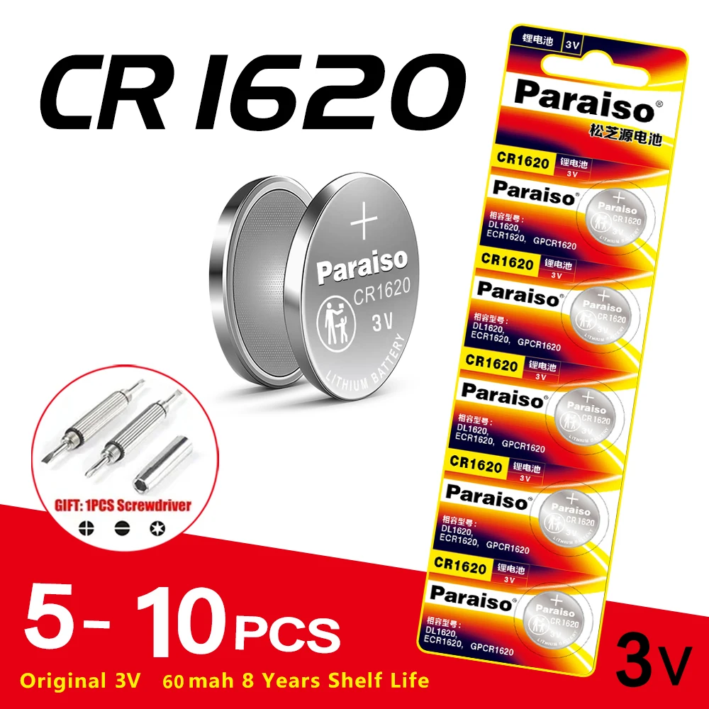 5-10PCS Original CR1620 3V Battery + Screwdriver, LM1620 BR1620 5009LC Fit for Watch, Car Remote Control, Calculator &Coin Cell