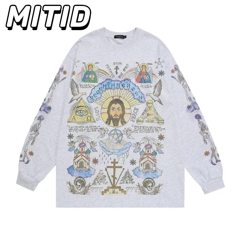 

Повседневные свободные пуловеры в американском ретро стиле с длинным рукавом и принтом, с круглым вырезом, свитшоты для мужчин, уличная одежда в стиле хип-хоп для молодежи Y2k