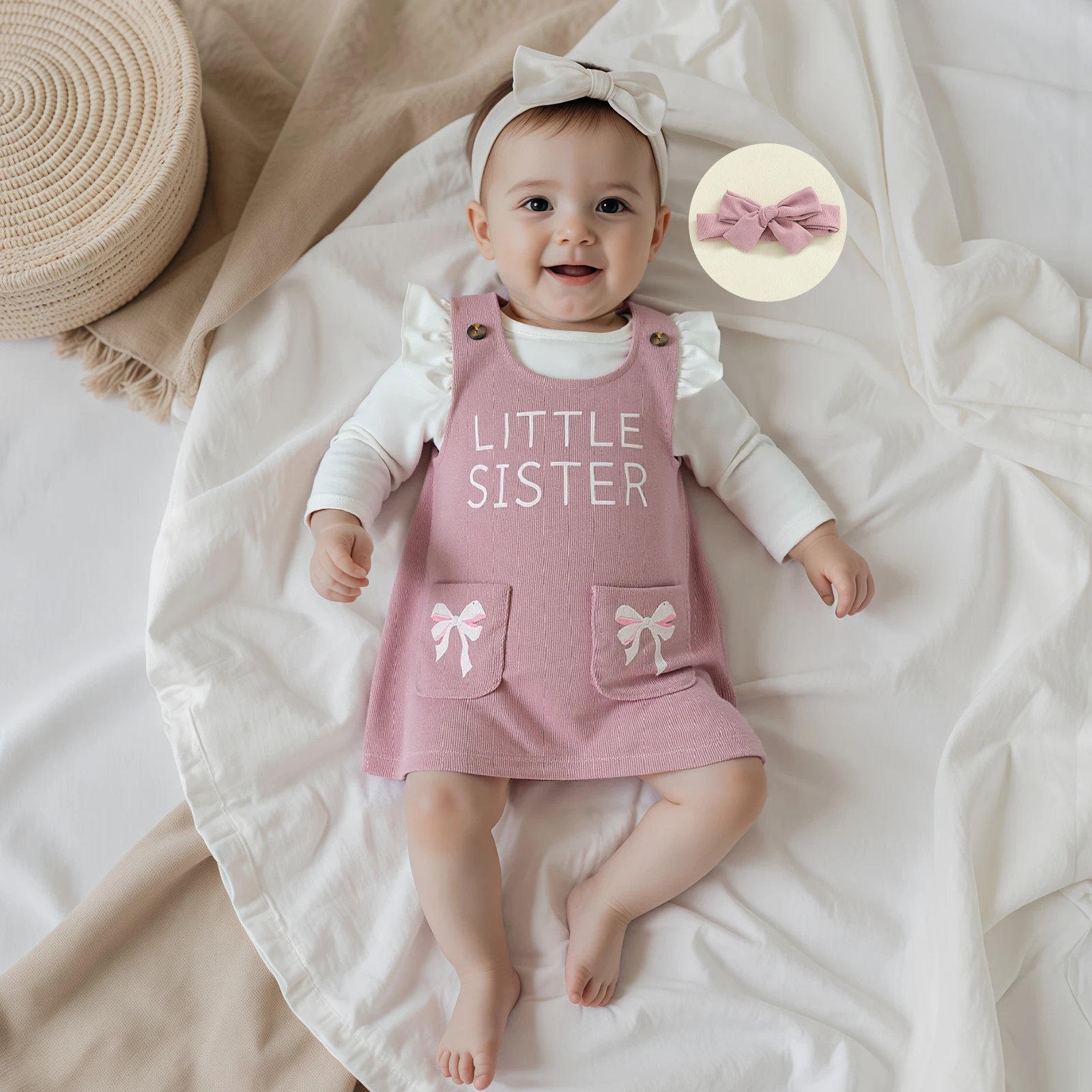 Infant Baby Girl Clothes Ruffle Long Sleeve Crew Neck Romper Overall Dress Headband Set Cute Fall Outfit