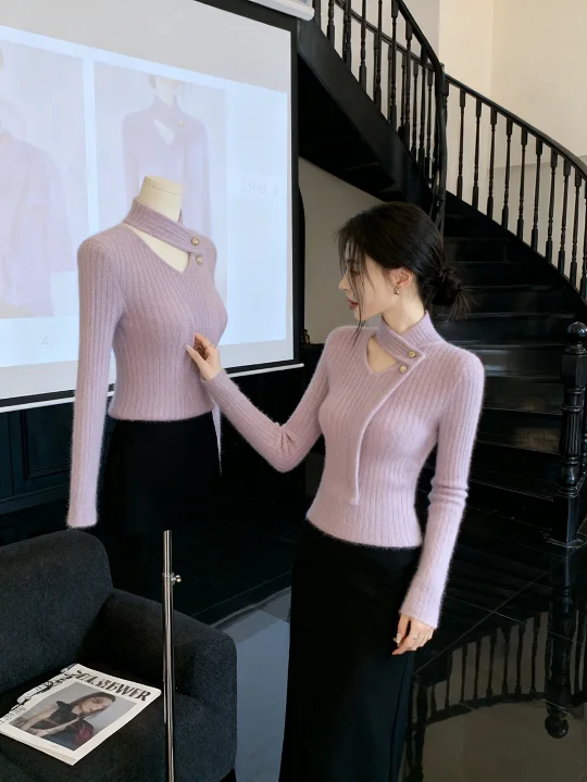 

Шикарный уникальный розовый вязаный свитер в корейском стиле, модный женский трикотаж с V-образным вырезом, длинный рукав, для зимы