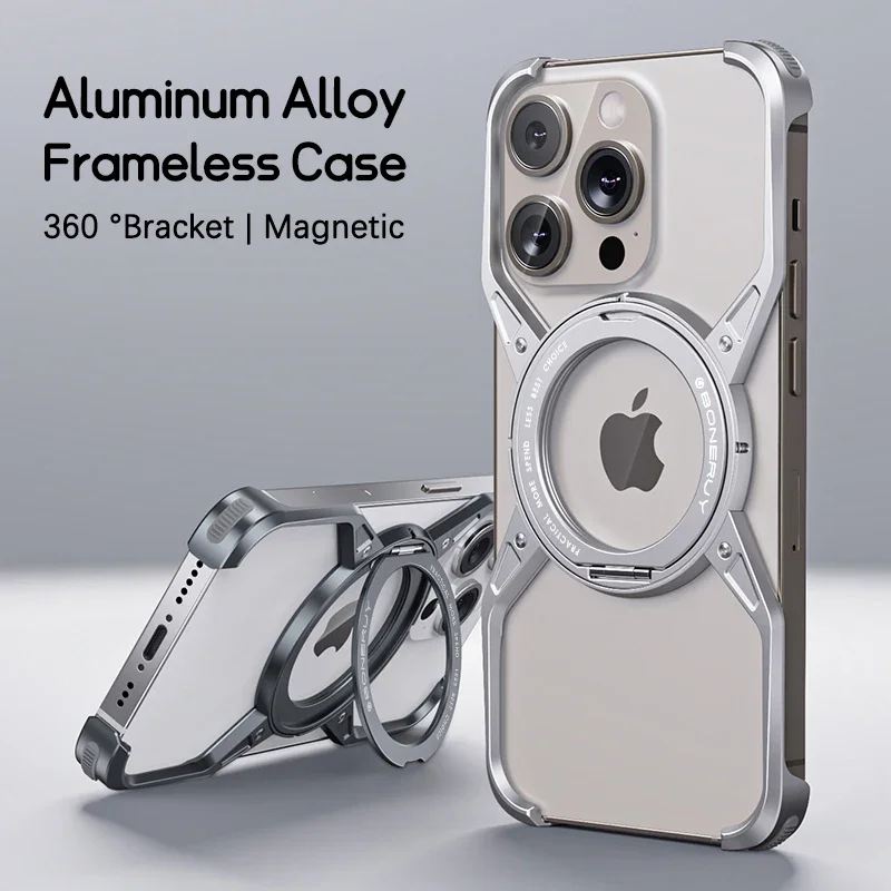 

Magnetic Metal Aluminium Alloy Frameless Phone Case For iPhone 14 13 15 Pro Max 360° Stand Rimless Bumper Shockproof Metal Cover