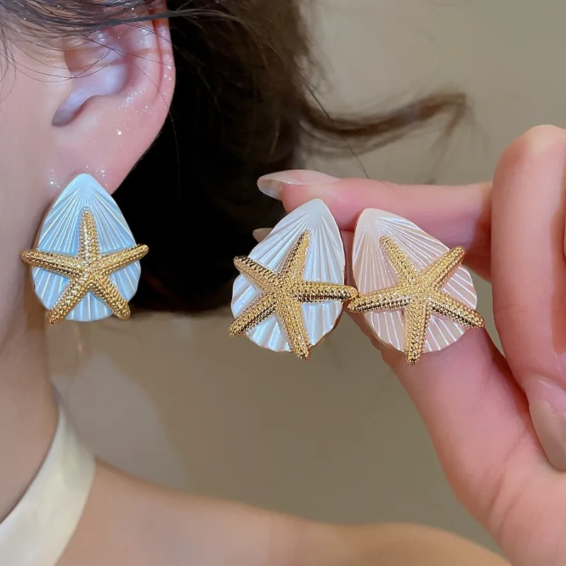 

Minar Statement White Pink Blue Enamel Shell Star Hanging Dangle Earrings for Women 14K Real Gold Plated Copper Holiday Jewelry