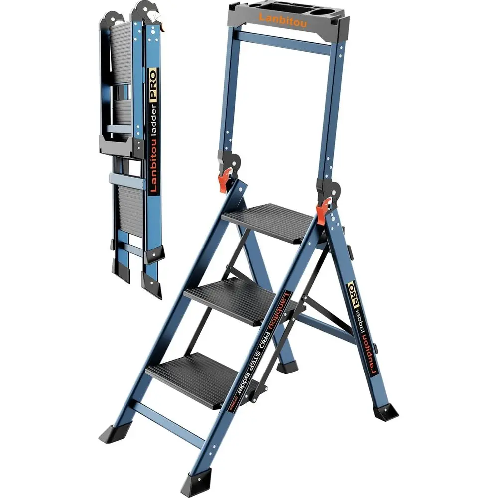 

Лестница-стремянка Ladder Pro 3-ступенчатая с поручнями, усиленная, с широкими ступенями и противоскользящим покрытием, легкая, портативная, складная для хранения