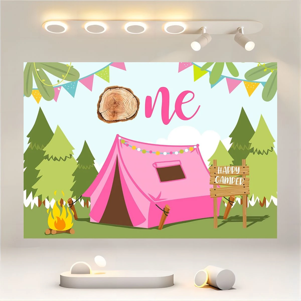 Pink Camping 1st Birthday Forest Cartoon Forest Hunting Jungle Bonfire Background Boys and Girls Party Decoration