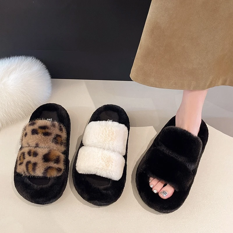 

Home Open-toe Thick-soled Woolen Slippers for Women 2025Autumn/Winter New Korean Version Leopard Print Woolen Slippers for Women