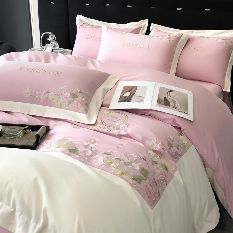 Pink Flowers Embroidery Duvet Cover Set High end Long-staple Cotton Bedding Set Quilt Cover Bed Sheet Pillowcases Home Textile