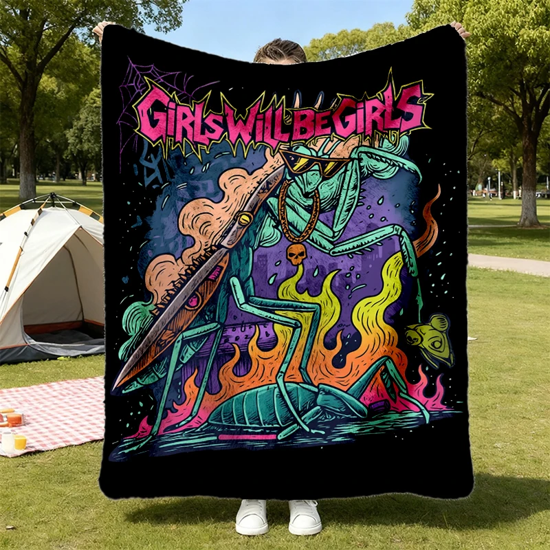 Girls Will Be Girls Praying Mantis Flannel Blanket, Botanical Insect Throw, Feminist Gift