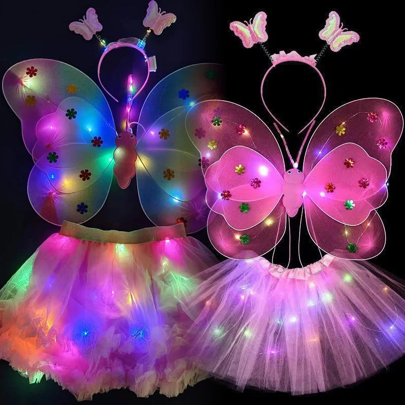Luminous Butterfly Fairy Wings Flashing Butterfly Skirt Suit Girls Birthday Party LED Costume Props Princess Angel Cosplay Dress