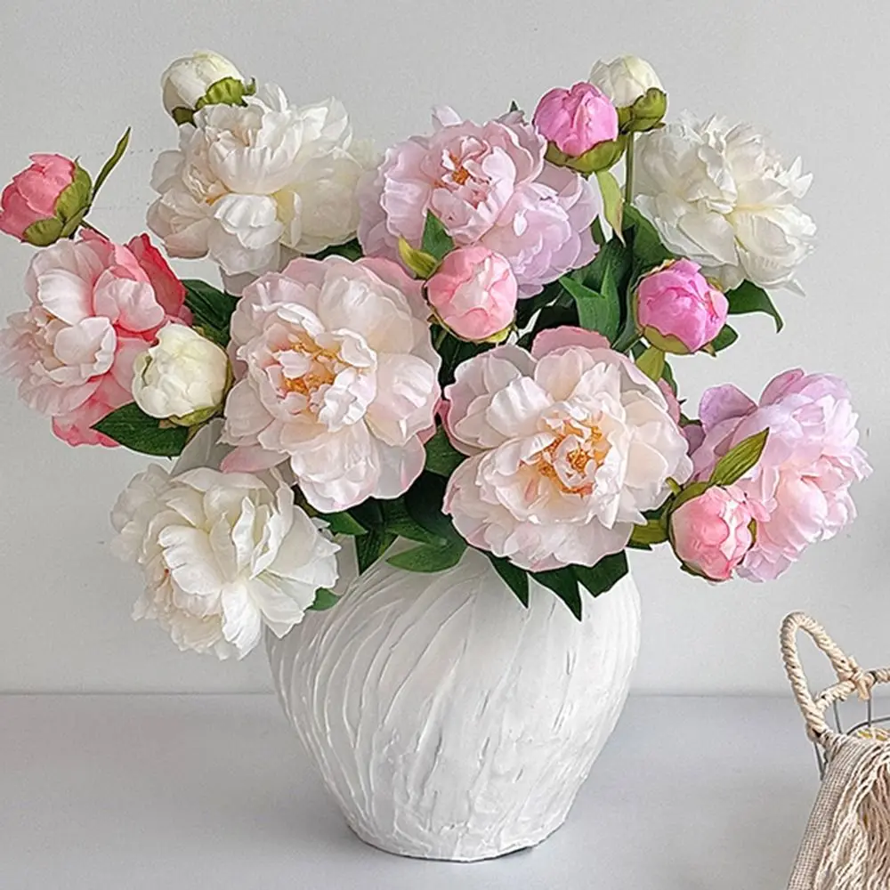 DIY 2 رئيس الفاوانيا الاصطناعية باقة قماش حريري نابض بالحياة زهرة اصطناعية الحرير ورد صناعي التصوير الدعامة #5