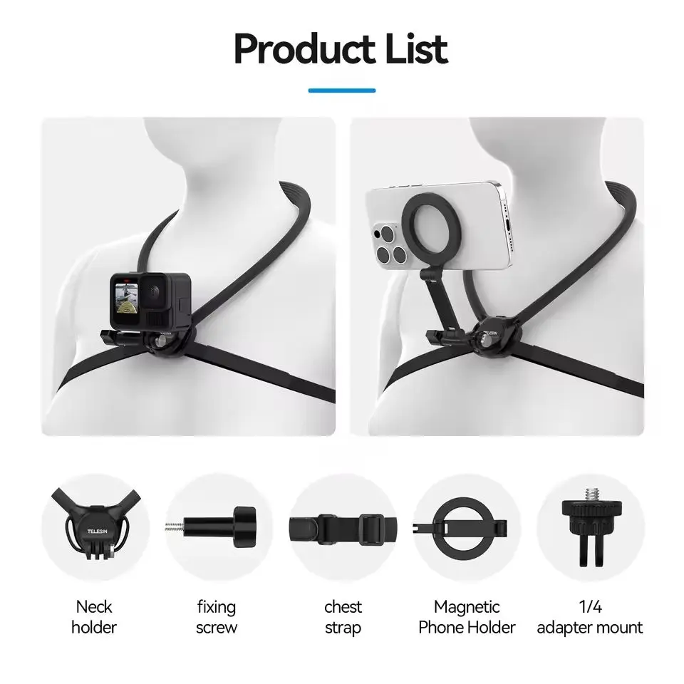 TELESIN 2 in 1 Neck Mount for GoPro Insta360 DJI Action Camera and Smartphone, with Chest Strap Support view 6