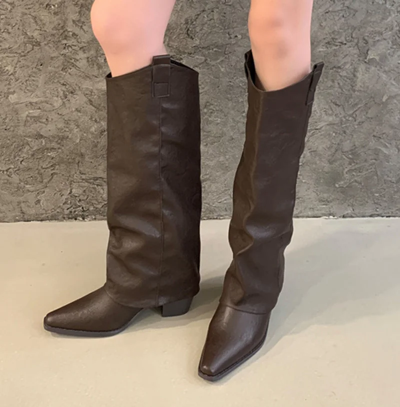 Botines De Mujer Retro Crackle Leather Boots Women Black Square Toe Chunky Heeled Knee High Booties Slouchy Straight Leg Botas