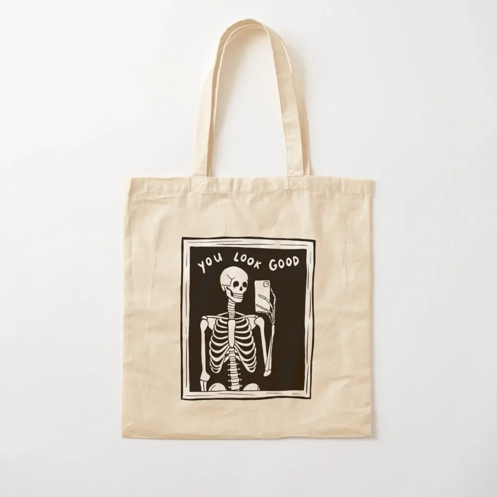 you look good skeleton mirror selfie black and white Tote Bag tote bag screen Canvas stote bag Women's beach bags