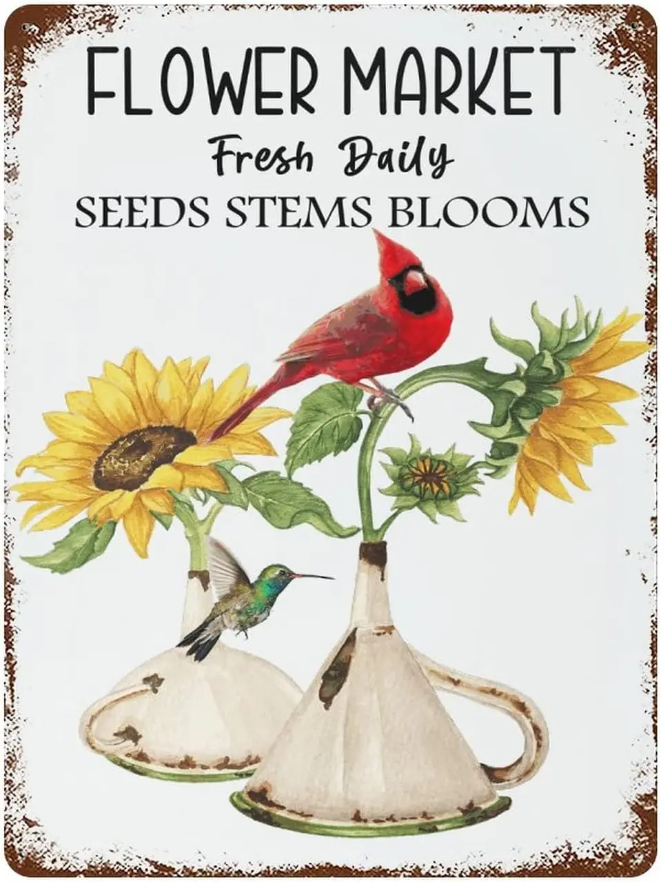1e, Mercato dei fiori Targa in metallo quotidiana Autunno Agriturismo Raccolta autunnale Simpatici uccelli rossi Girasoli vivaci Targhe in metallo retrò Targhe in metallo Vi
